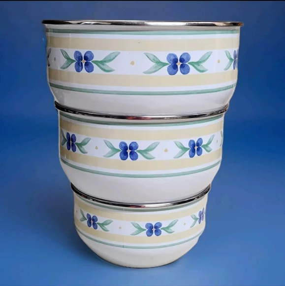 Pfaltzgraff “Summer Breeze” Metal Mixing Bowl Trio | Enamel Nesting Set - Picture 5 of 16